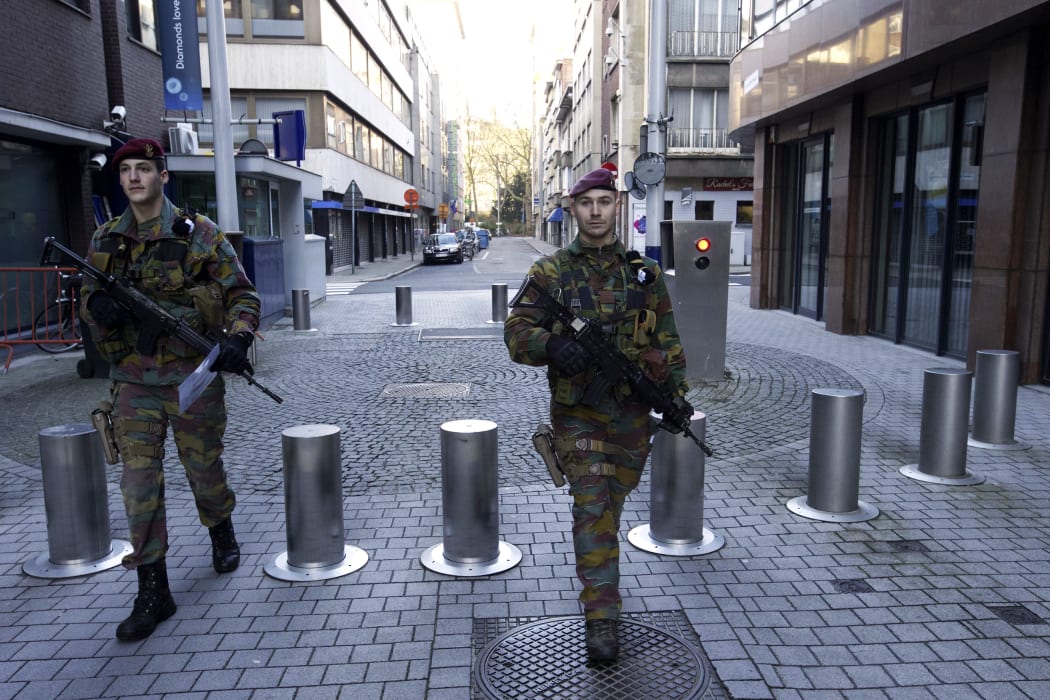 Belgian soldiers patrol in Antwerp on 17 January.