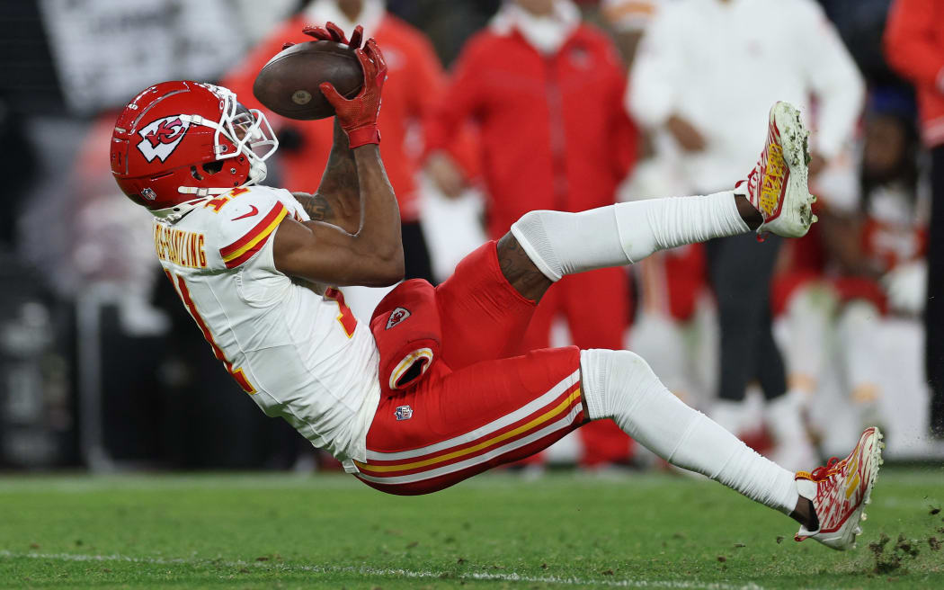 Marquez Valdes-Scantling of the Kansas City Chiefs makes a catch against the Baltimore Ravens during the fourth quarter of the AFC Championship Game.