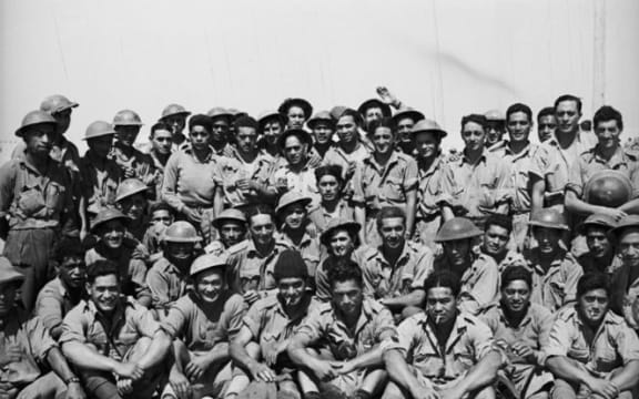 The 28th Maori Battalion at a transit camp in Egypt on the morning after their evacuation from Crete, June 1941.