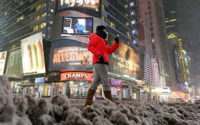 A nearly deserted street in New York's Times Square.