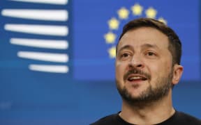 Ukraine's president Volodymyr Zelensky gives a press conference on the sideline of a EU summit in Brussels, on October 17, 2024. (Photo by Ludovic MARIN / AFP)