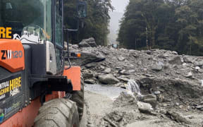 The first blockage on State Highway 6 Haast to Makarora (Haast Pass), coming from Otago side. This stretch of highway remains closed, but efforts are underway to reopen it to at least one lane.