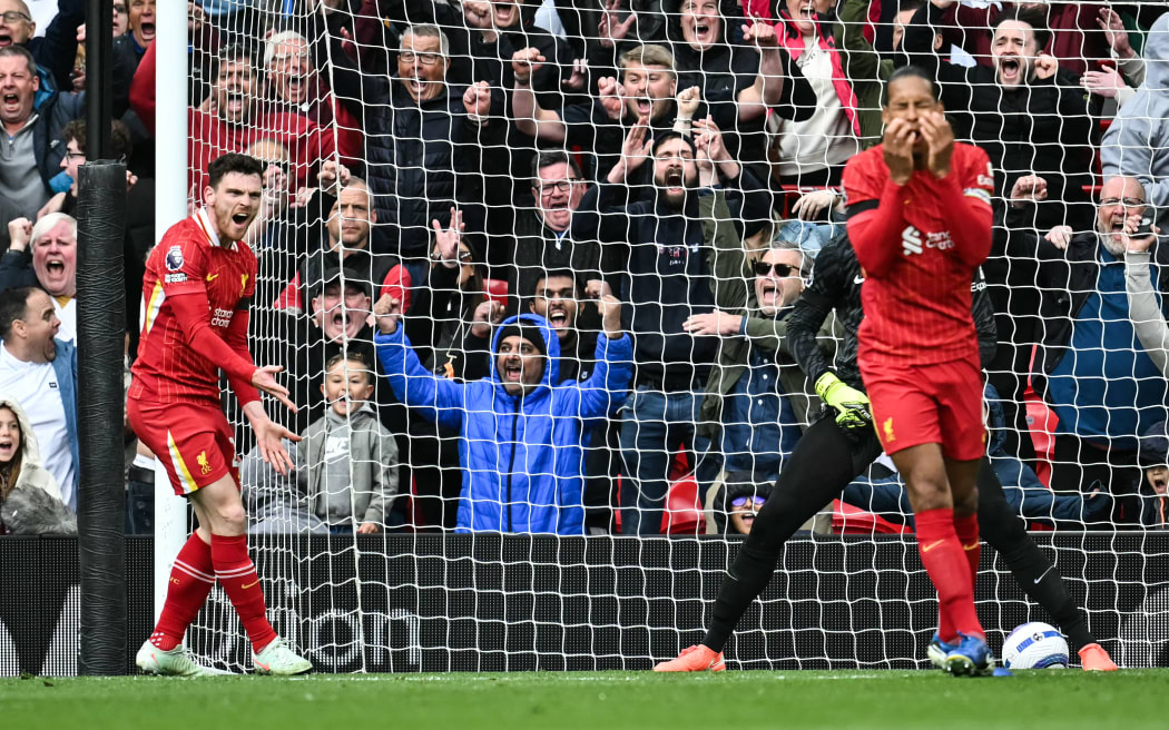 Liverpool defender Andrew Robertson yells in frustration at his own goal against West Ham at Anfield, 14 April, 2025.