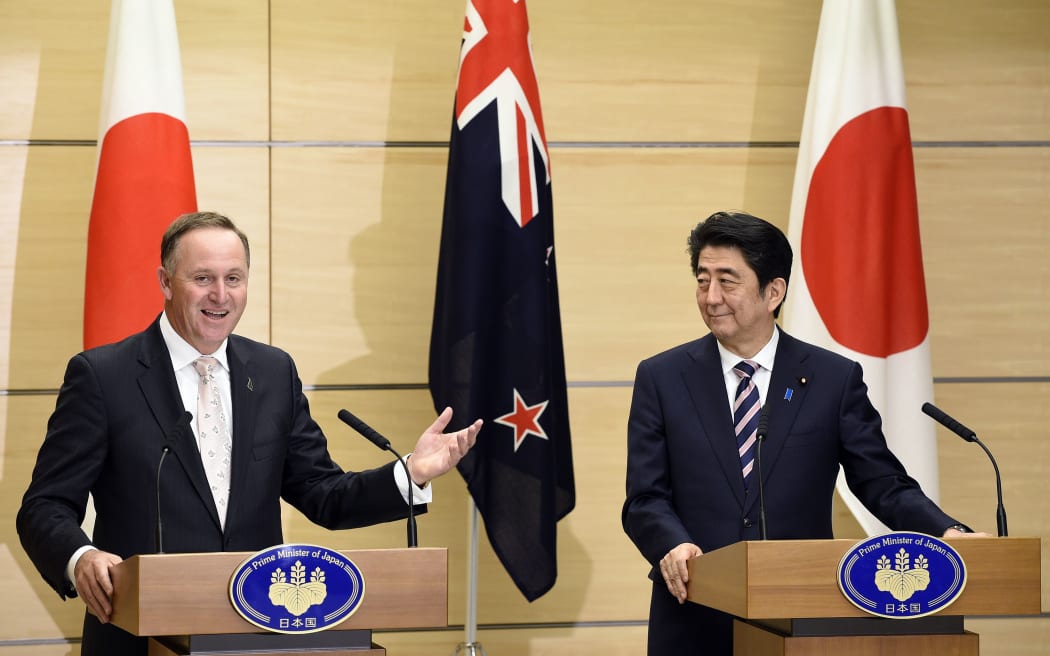 John Key and Japanese Prime Minister Shinzo Abe after meeting in Tokyo.