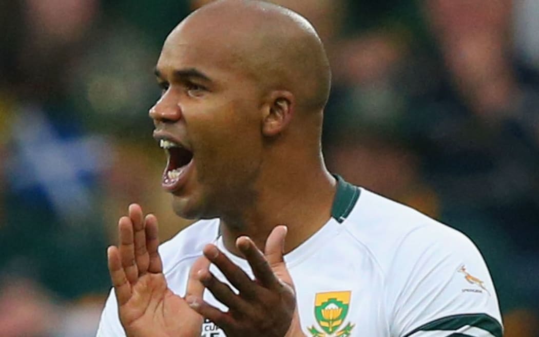 The Springboks wing JP Pietersen of South Africa celebrates.
