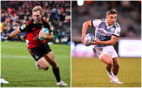 Braydon Ennor of the Crusaders scoring a try against the Blues and Cortez Ratima of the Chiefs in action against the Brumbies.