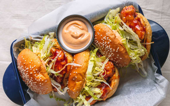 Sticky fried chicken burgers