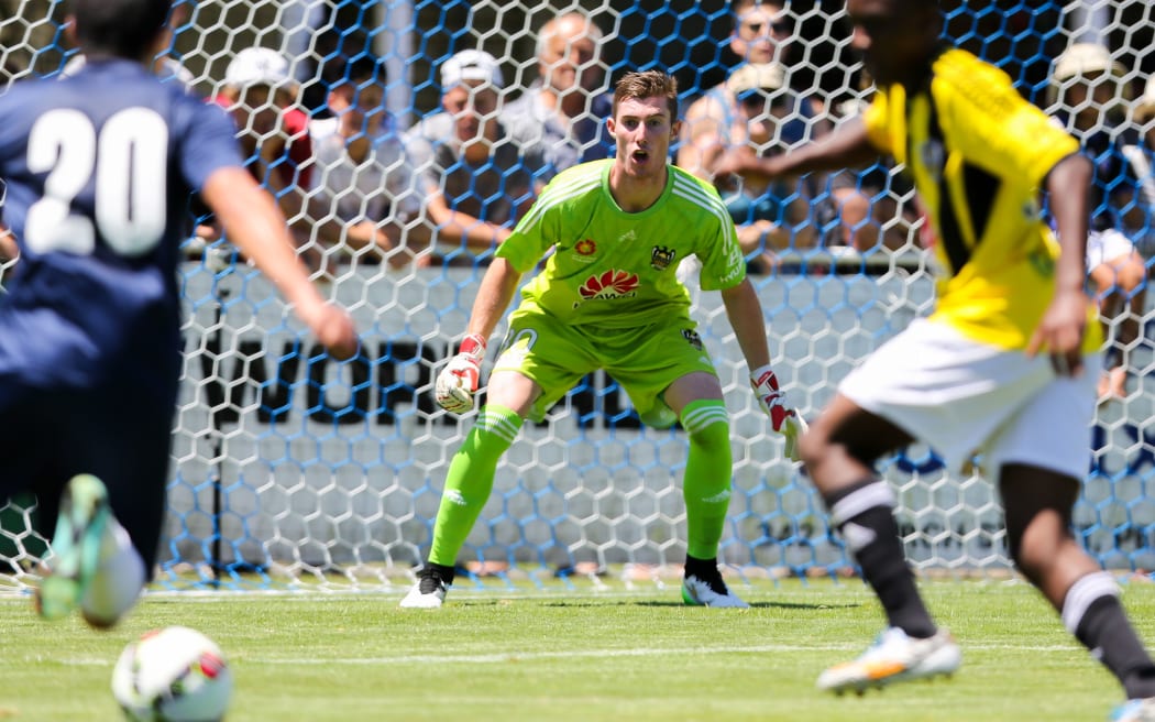 Wellington Phoenix reserves keeper Oliver Sail is all concentration in the Kiwitea St clash