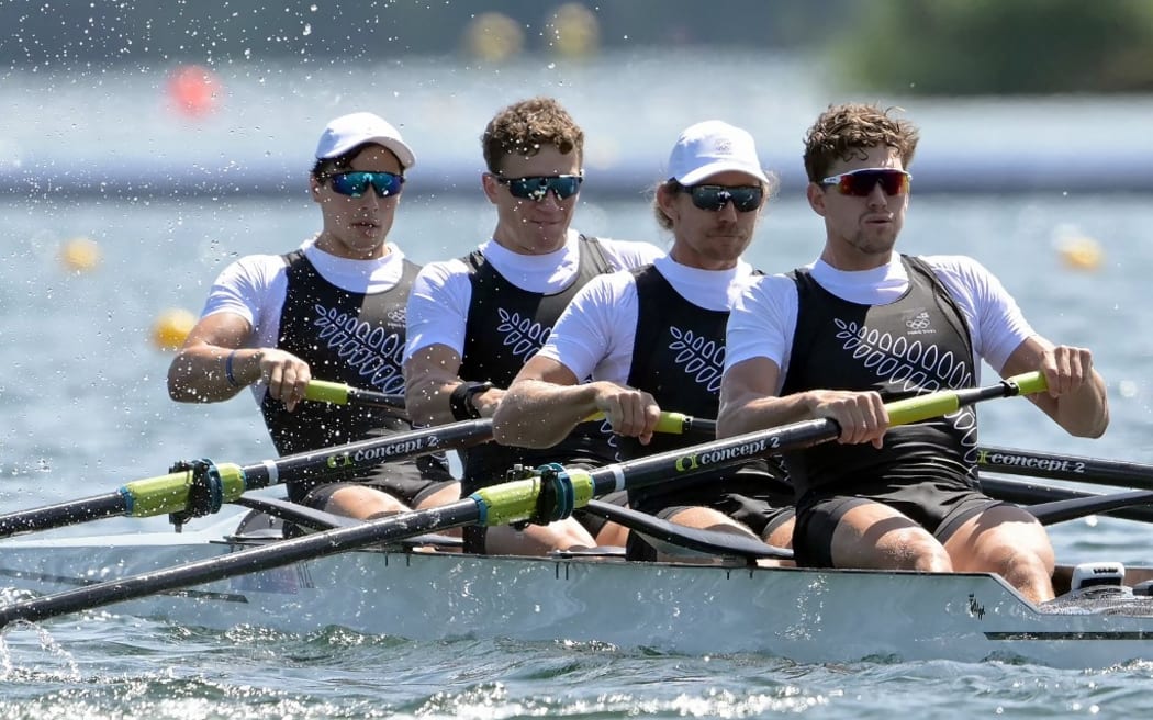 (From L) New Zealand's Ollie Maclean, New Zealand's Logan Ullrich, New Zealand's Tom Murray and New Zealand's Matt Macdonald compete in the men's four heats rowing competition at Vaires-sur-Marne Nautical Centre in Vaires-sur-Marne during the Paris 2024 Olympic Games on July 28, 2024. (Photo by Bertrand GUAY / AFP)