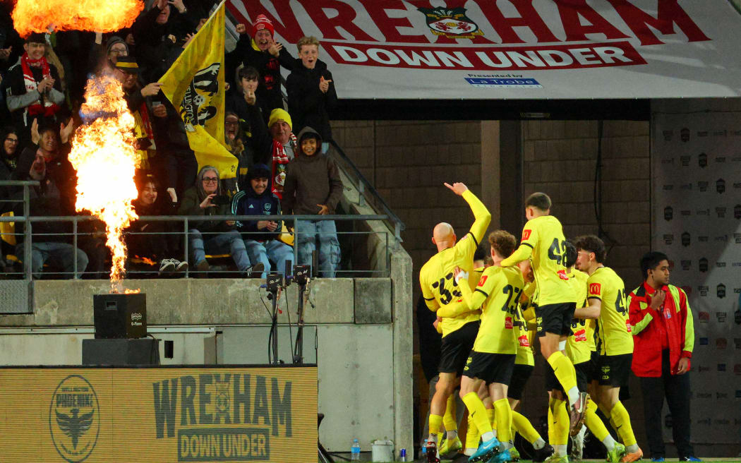 The Phoenix celebrate a goal during the Wrexham Pre-season Tour 2025 - Wellington Phoenix v Wrexham AFC.