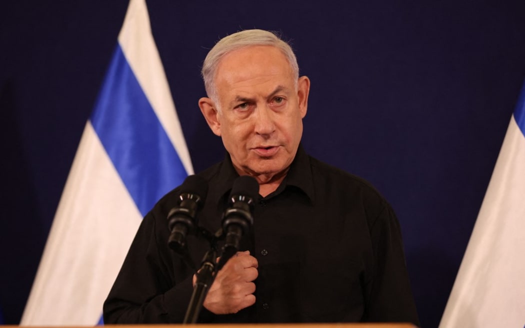 Israeli Prime Minister Benjamin Netanyahu speaks during a press conference in the Kirya military base in Tel Aviv on 28 October 2023.