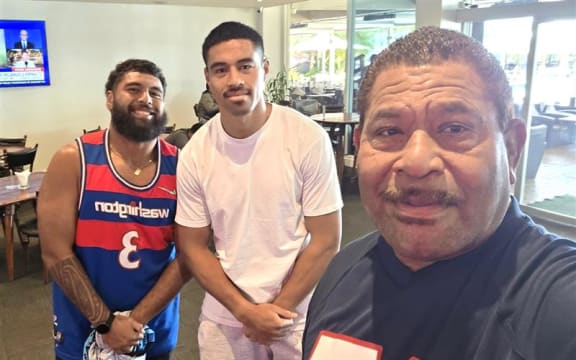Joeli Veitayaki, right, with son Haereiti Hetet, left, and Salesi Rayasi. Photo: Joeli Veitayaki/FB