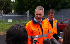 KiwiRail chief executive Peter Reidy, left, and general manager of network services, Todd Moyle, address media.