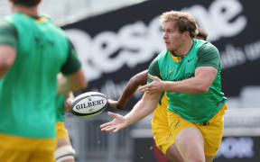Jan-Hendrik Wessels of South Africa passes the ball during the team’s captains run at Eden Park in Auckland on September 5, 2025 ahead of the rugby Test match against New Zealand. (Photo by Michael Bradley / AFP)