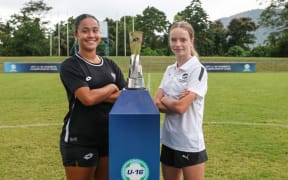 Samoa's Breanna Kitiona New Zealand's Ameila Hitchcock. OFC U-16 Women's Championship 2025, Press conference ahead of the final between Samoa and New Zealand, Samoa Football HQ Apia, Wednesday 13 August 2025. Photo: Shane Wenzlick / www.phototek.nz
