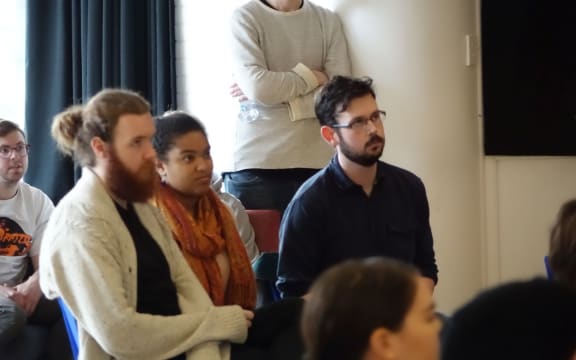 Otago University students at Greens co-leader James Shaw's announcement of the party's student allowance policy.