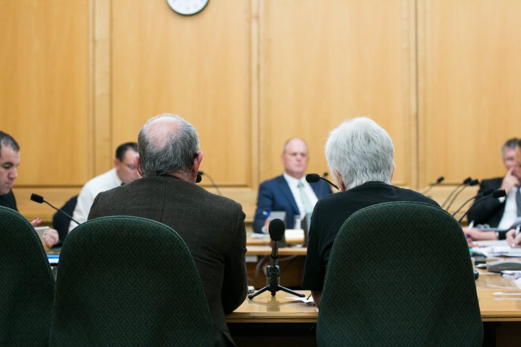Maire Leadbeater (right) and Murray Short (left) present a petition to the Foreign Affairs, Defence and Trade Committee urging the government to address human rights issues in West Papua.