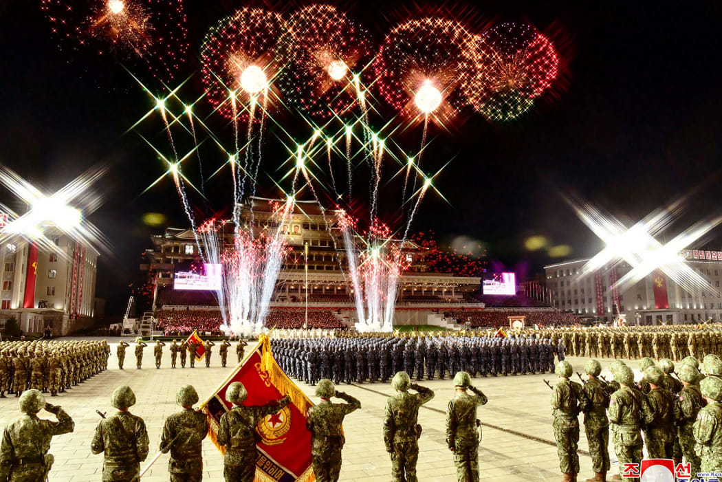 This picture taken on October 10, 2020 on October 11, 2020 shows the military parade during a ceremony to mark the 75th anniversary of the Workers' Party of Korea at Kim Il-sung Square of Pyongyang.