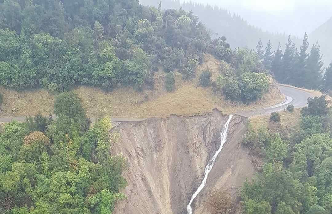 A slip on a road in Canterbury's Lees Valley after recent flooding.