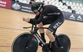 Ellesse Andrews contest the time trial at the Oceania track cycling championships in Brisbane.