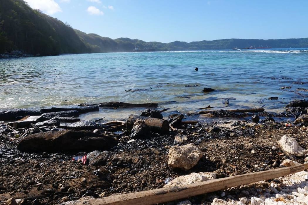 Oil slick from the shipwrecked MV Solomon Trader polluting the shoreline on Rennell Island in the Solomons. February 2019