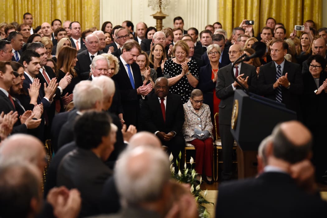 (From left) White House Counsel Don McGahn, Chief Justice of the US Supreme Court John Roberts, Associate Justices Clarence Thomas, Ruth Bader Ginsburg, Stephen Breyer, Samuel Alito and Sonia Sotomayor attend the swearing-in ceremony of Brett Kavanaugh.