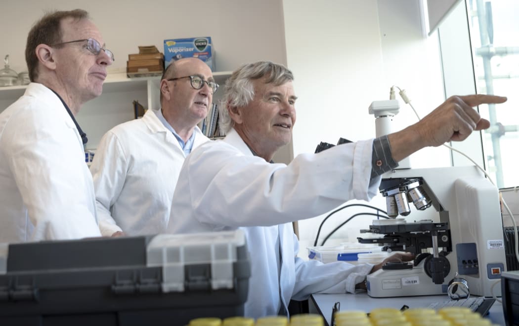 Bruce Campbell (centre), in the lab with Erik Rikkerink (left) and Mike Manning.