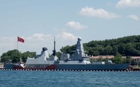 British Royal Navy's warship 'HMS Defender' and Royal Netherlands Navy's warship 'HNLMS Evertsen' anchor Sarayburnu Port on June 09, 2021 in Istanbul, Turkey.