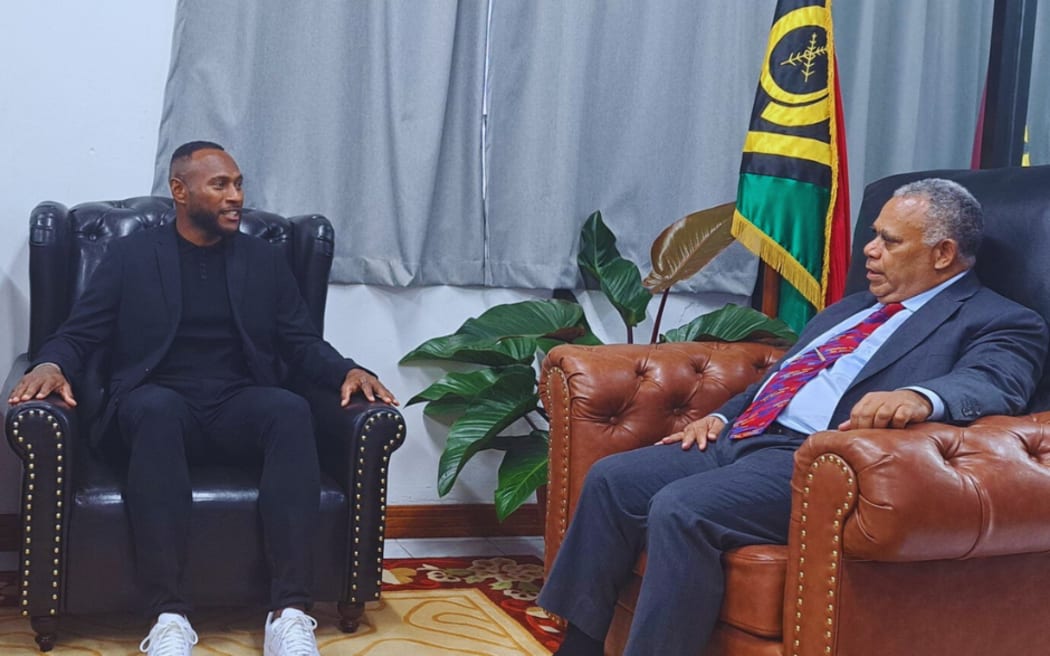 Brian Kaltak, left, during a meeting with Vanuatu Prime Minister Jotham Napat in Port Vila discussinghis project to develop football and sports in general in the country. 13 June 2025