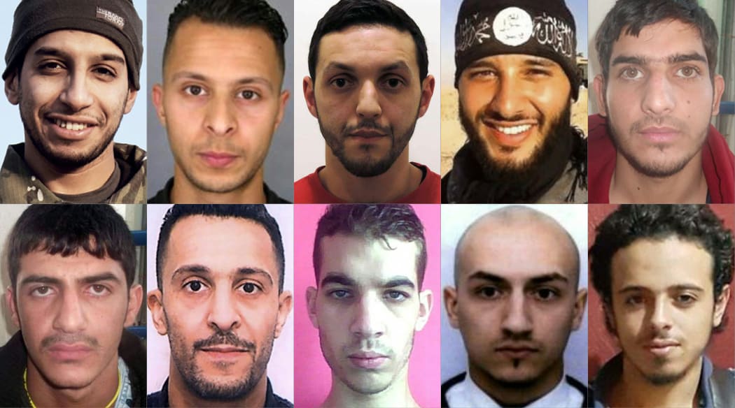Mohamed Abrini, top centre, was the key remaining suspect of the Paris attacks, seen here with other persons involved in the November 13 attack.