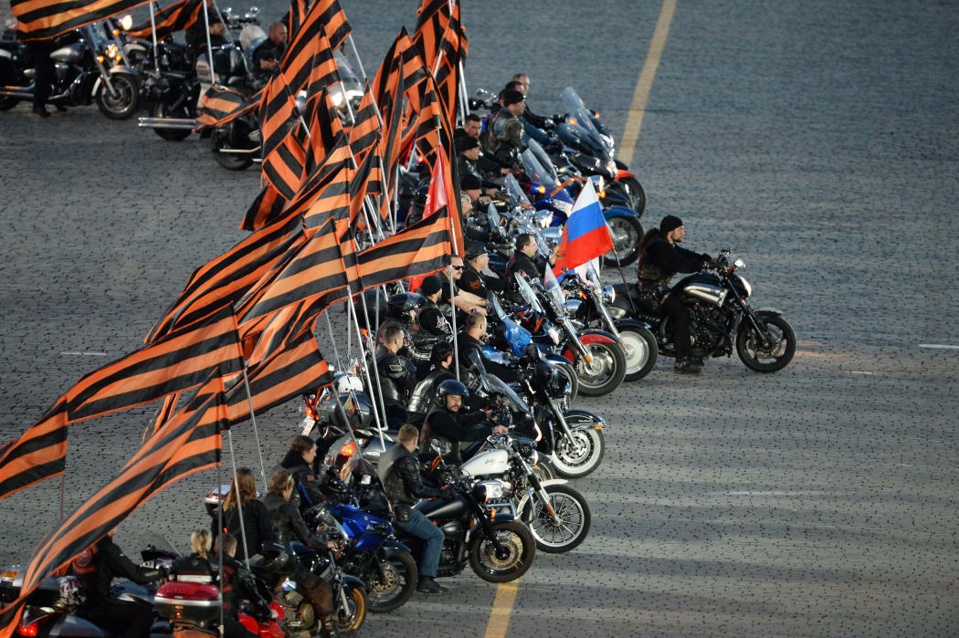 Pro-Kremlin bikers from the Night Wolves bikers' club take part in a concert in Red Square as part of Victory Day.