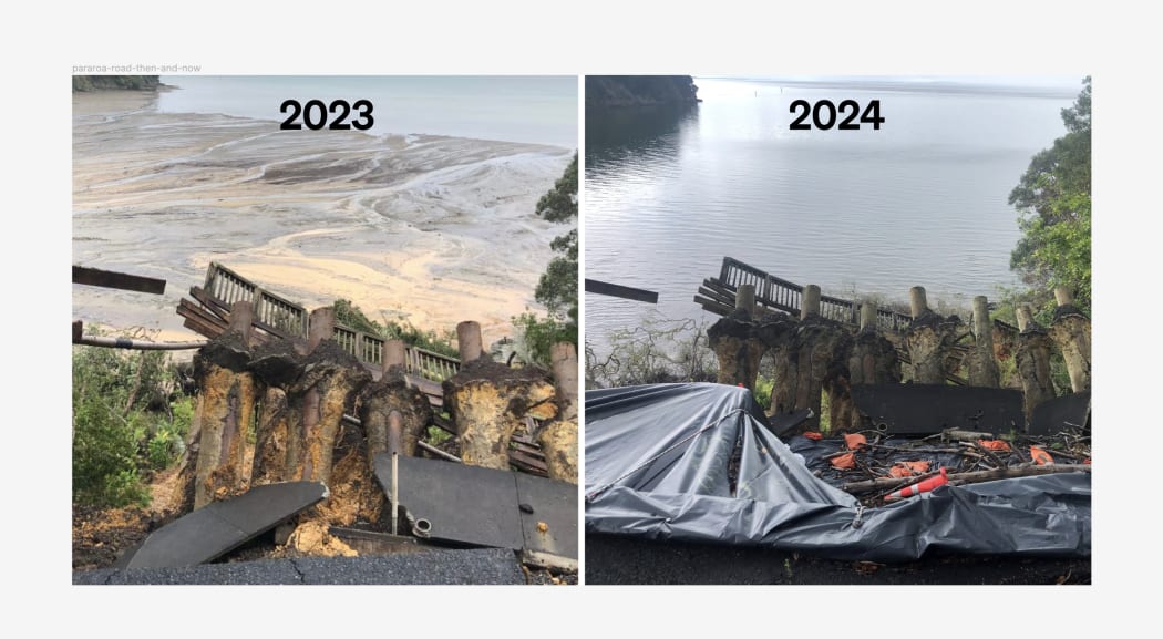 Paturoa Rd in Titirangi a year apart - the tide has come in but little else has changed