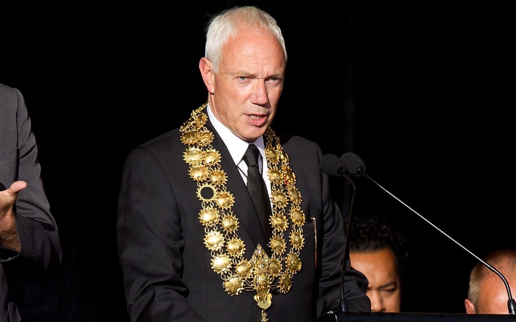 Sir Bob Parker speaking, as mayor, during a remembrance service in Latimer Square in Christchurch on 22 February 2012, one year after the 6.3 quake hit the city killing 185 people and causing tremendous damage.