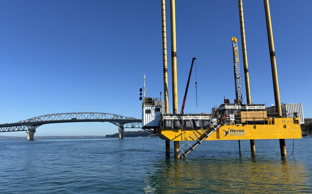 This jack-up barge is providing information about the seabed in the Waitematā harbour to inform plans of a second city harbour crossing.