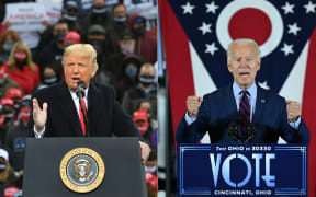 Donald Trump speaks during a campaign rally in New Hampshire on October 25, 2020.
 and Joe Biden speaking in Cincinnati, Ohio, on October 12, 2020