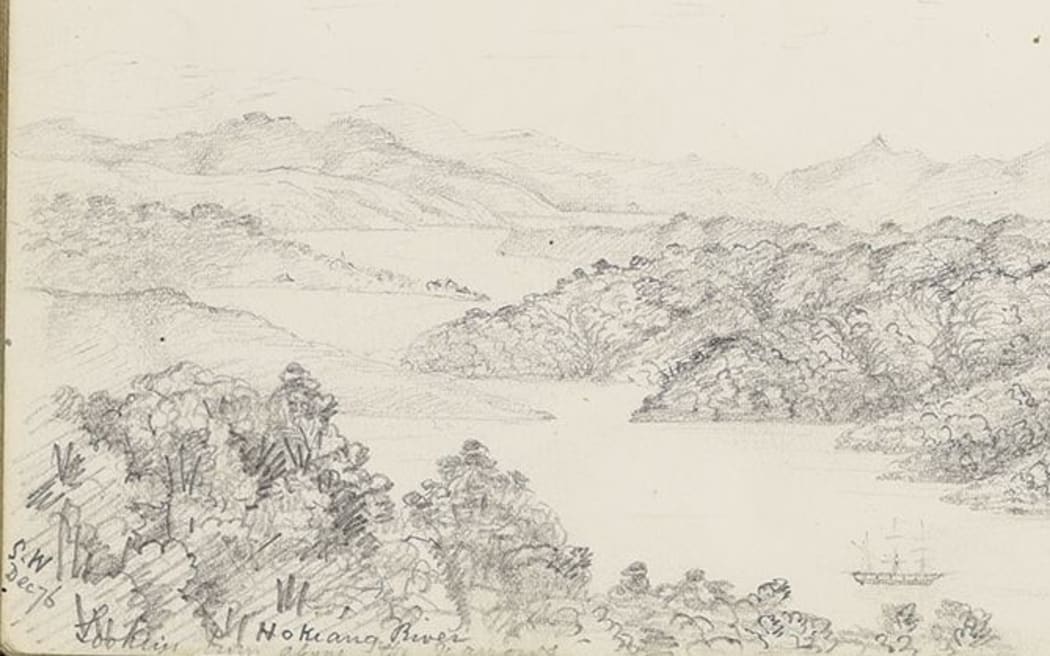 A landscape drawing of the Hokianga River, made by an early surveyor in his field notebook in December 1876.