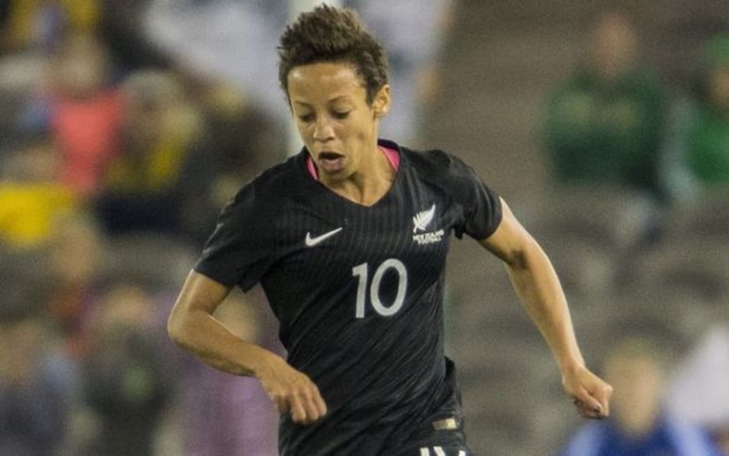New Zealand striker Sarah Gregorius runs with the ball against Australia at Etihad Stadium, Melbourne on 7th June 2016. Brendon Ratnayake / www.photosport.nz