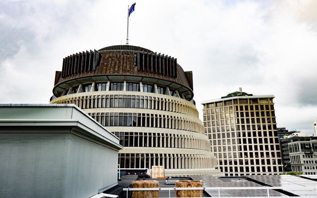 The Beehive and The Treasury as seen from the roof of Parliament House in Wellington.