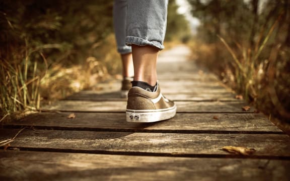 close up of feet walking in sneakers