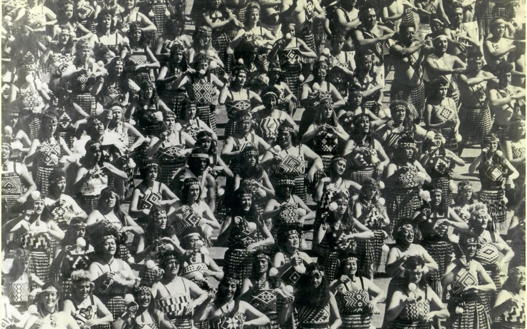 Kapa from all over Te Waipounamu gathered for the pōwhiri for the Commonwealth Games in Ōtautahi, Christchurch 1974. Kapa from Te Tauihu travelled to practices in Ōtautahi for months leading up to the event.