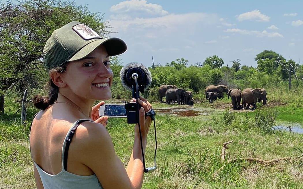 Vesta Eleuteri collecting data in the Marataba National Park in South Africa. Eleuteri and her team have published new research examining the ways apes drum with rhythmic patterns.