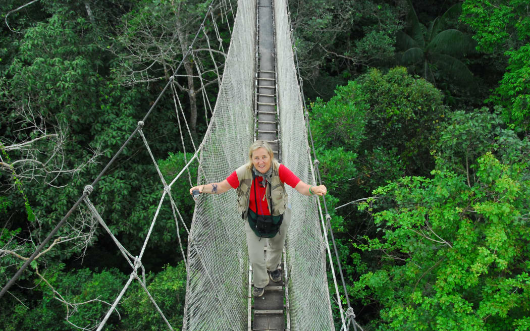 Meg Lowman on a canopy walkway in Peru
