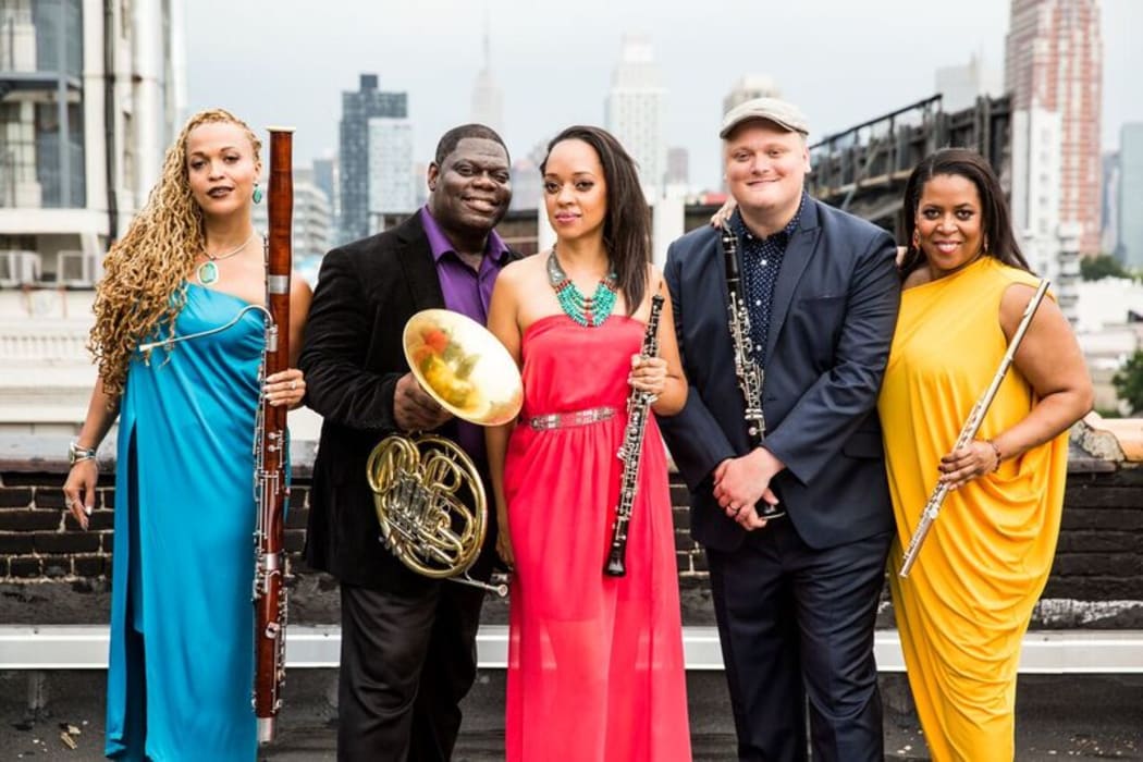 Imani Winds by Matthew Murphy: (l-r: Monica Ellis (bassoon), Jeff Scott (french horn), Toyin Spellman-Diaz (oboe), Mark Dover (clarinet), Valerie Coleman (flute)