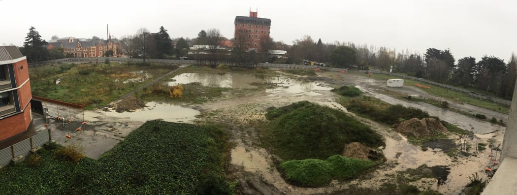 Stalled construction on the AgResearch Hub in the centre of Lincoln University Campus during winter 2018