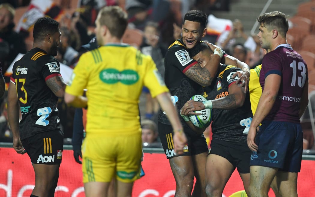 Etene Nanai-Seturo celebrates scoring a try in the Chiefs vs Reds Super Rugby match at Waikato Stadium.