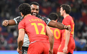 Fiji's Joni Nasova celebrates his team's win in the men’s quarter-final match between Fiji and Spain on the second day of the 2025 Rugby Sevens Hong Kong tournament at the Kai Tak sports stadium on March 29, 2025. (Photo by Peter PARKS / AFP)