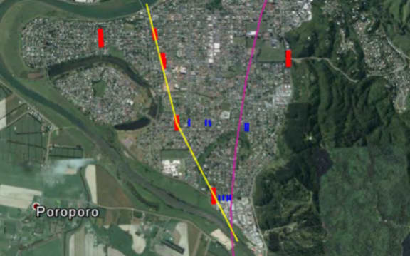 A map of Whakatāne shows the old identified path of the fault in purple, and the new more likely path of it, in yellow, identified in 2016: It has now been pinned down further.