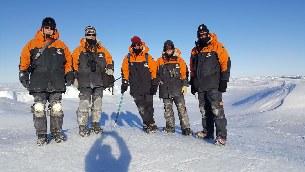 Researchers working on a NIWA project studying Emperor penguins at Cape Crozier. From left, Markus Horning, Gitte McDonald, field trainer Scott Barry, Parker Forman and David Thompson.