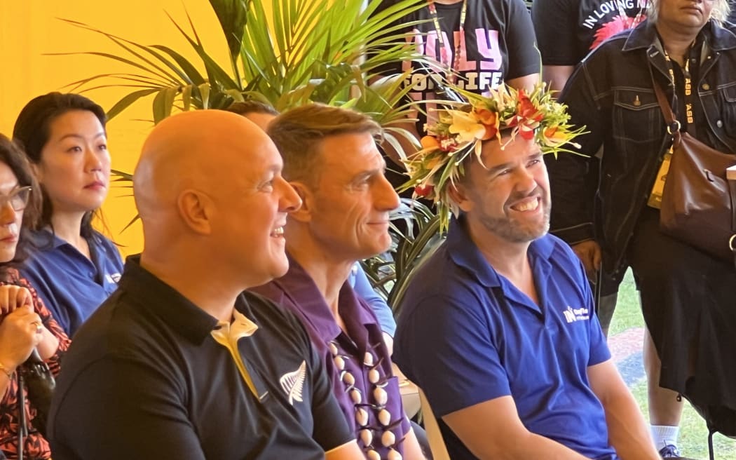 From left: Prime Minister Christopher Luxon, ASB Polyfest Chair Steven Hargreaves, and National MP Greg Fleming as Festival Director Seiuli Terri Leo-Mauu speaks on Polyfest’s legacy and supporting youth. LDR SINGLE USE