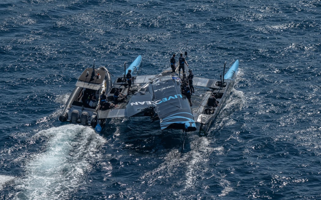 The damaged New Zealand SailGP Team F50 catamaran after racing of the France Sail Grand Prix in Saint-Tropez, 2023.